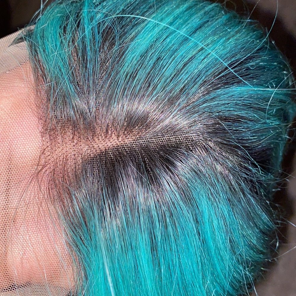 NWT 180% Density Human Hair Teal Blue Lace Front Wig With Black Roots - Picture 3 of 6